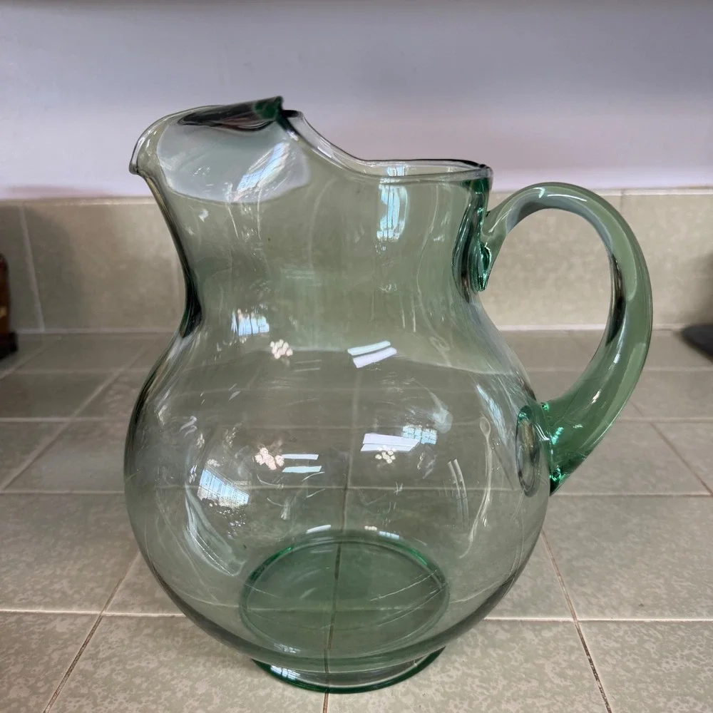 Vintage Sage Green Glass Pitcher Round Hand Blown Water Carafe with Handle 9